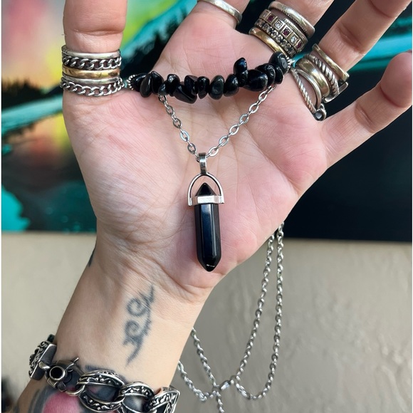Set ! Black obsidian bullet necklace + mayching dangly earrings goth boho celtic - Picture 12 of 14